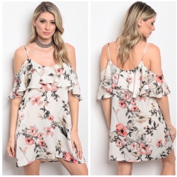 Floral Cream Cold Shoulder Ruffle Dress - Picture 3 of 4